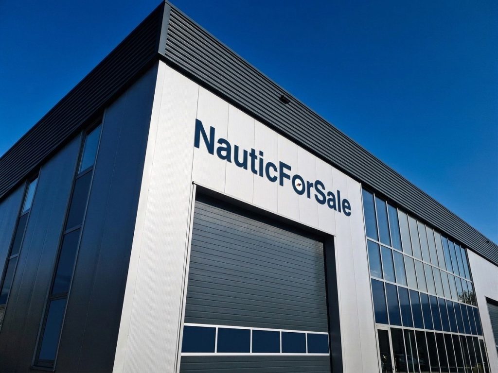 Het bedrijfspand van NauticForSale aan het Keteldiep in Urk, met de naam op de gevel